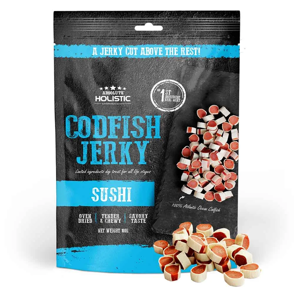 20% OFF: Absolute Holistic Codfish & Whitefish Sushi Grain Free Dog Treats 100g