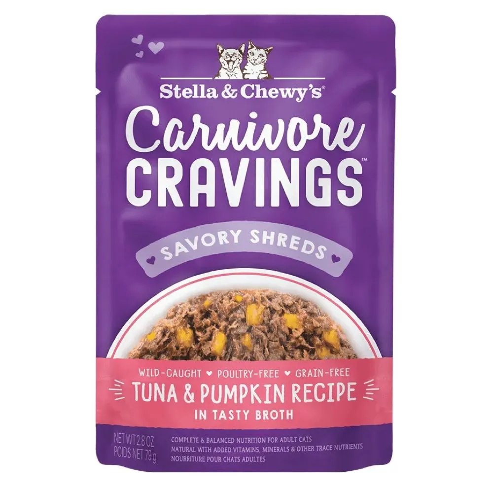 4 FOR $13.60: Stella & Chewy's Carnivore Cravings Savory Shreds Tuna & Pumpkin In Broth Grain-Free Pouch Cat Food 2.8oz