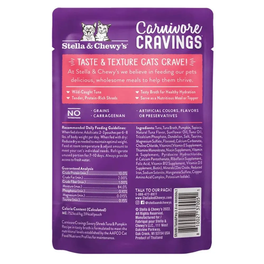 4 FOR $13.60: Stella & Chewy's Carnivore Cravings Savory Shreds Tuna & Pumpkin In Broth Grain-Free Pouch Cat Food 2.8oz