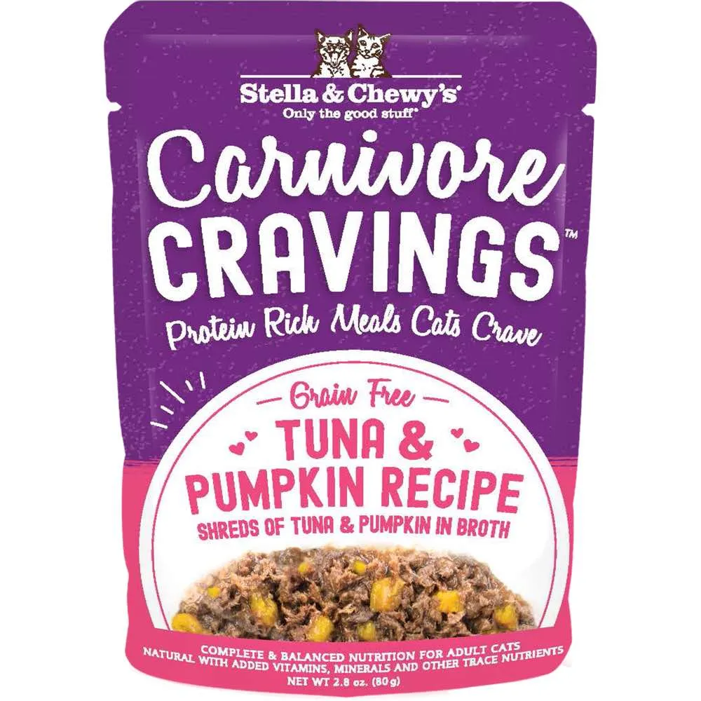 4 FOR $13.60: Stella & Chewy's Carnivore Cravings Savory Shreds Tuna & Pumpkin In Broth Grain-Free Pouch Cat Food 2.8oz