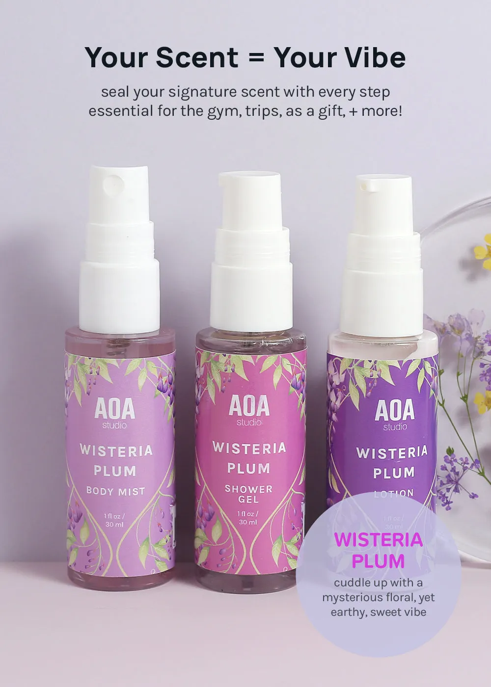 AOA Lotion, Shower Gel & Body Mist - Wisteria Plum
