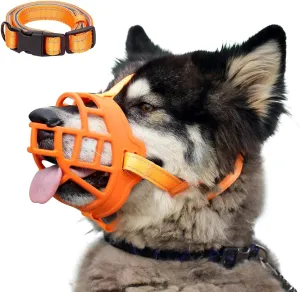 BARKLESS Dog Muzzle, Soft Silicone Basket Muzzle for Dogs, Allows Panting and Drinking, Prevents Unwanted Barking Biting and Chewing, Included Collar and Training Guide