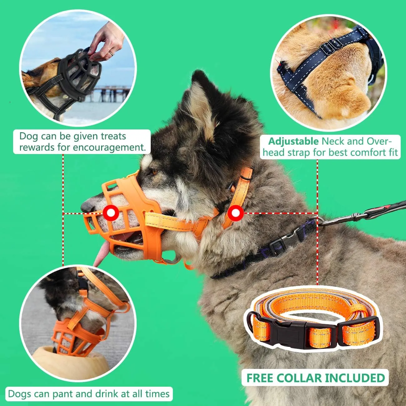 BARKLESS Dog Muzzle, Soft Silicone Basket Muzzle for Dogs, Allows Panting and Drinking, Prevents Unwanted Barking Biting and Chewing, Included Collar and Training Guide