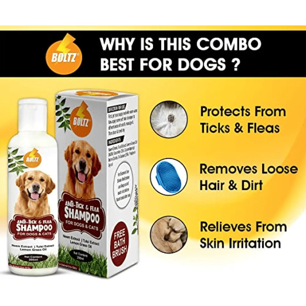 Boltz Anti Tick & Flea Shampoo with Brush for Dogs