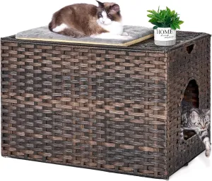 Cat Litter Box Enclosure with Litter Trapping Mat; Handwoven Plastic Rattan Cat House; No Installation Hidden Cat Washroom; Pet Crate for Balcony,Bedroom,Living Room
