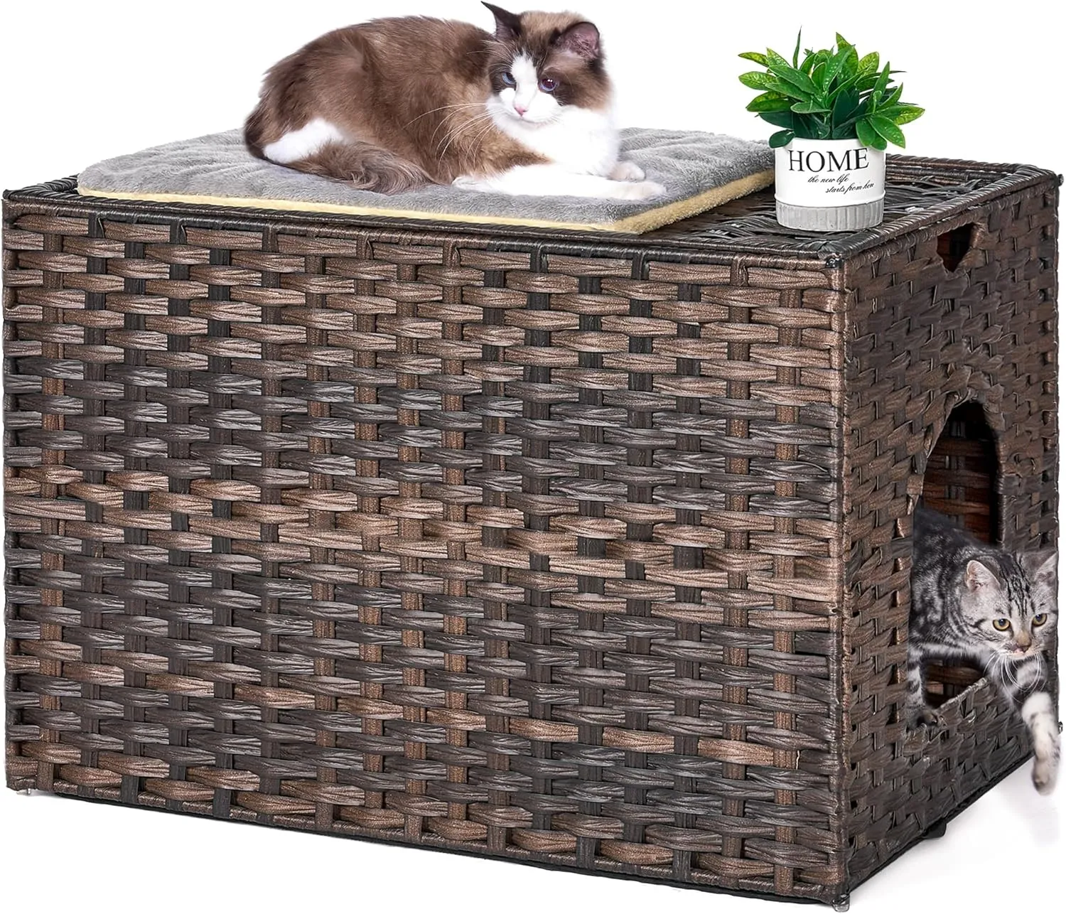 Cat Litter Box Enclosure with Litter Trapping Mat; Handwoven Plastic Rattan Cat House; No Installation Hidden Cat Washroom; Pet Crate for Balcony,Bedroom,Living Room