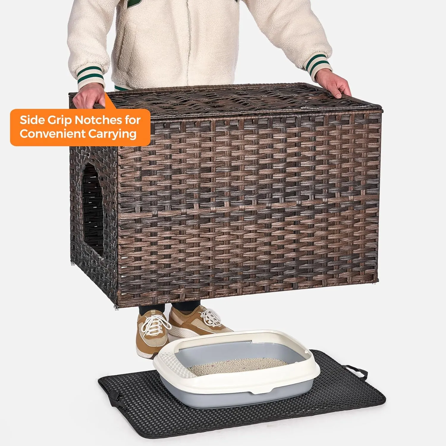 Cat Litter Box Enclosure with Litter Trapping Mat; Handwoven Plastic Rattan Cat House; No Installation Hidden Cat Washroom; Pet Crate for Balcony,Bedroom,Living Room