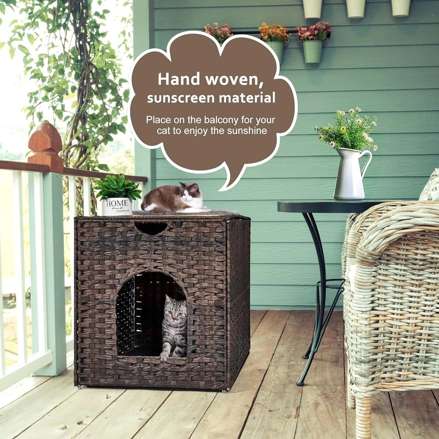 Cat Litter Box Enclosure with Litter Trapping Mat; Handwoven Plastic Rattan Cat House; No Installation Hidden Cat Washroom; Pet Crate for Balcony,Bedroom,Living Room