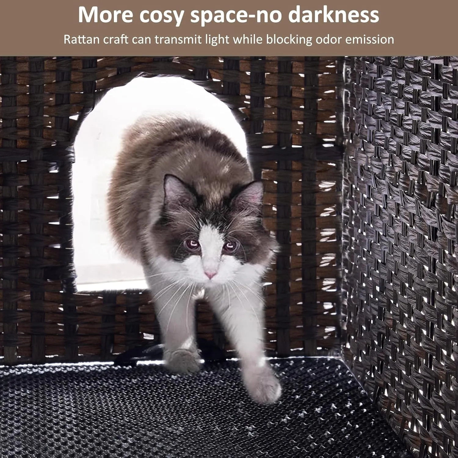 Cat Litter Box Enclosure with Litter Trapping Mat; Handwoven Plastic Rattan Cat House; No Installation Hidden Cat Washroom; Pet Crate for Balcony,Bedroom,Living Room