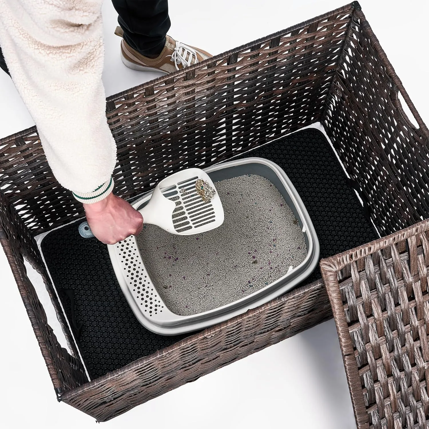 Cat Litter Box Enclosure with Litter Trapping Mat; Handwoven Plastic Rattan Cat House; No Installation Hidden Cat Washroom; Pet Crate for Balcony,Bedroom,Living Room
