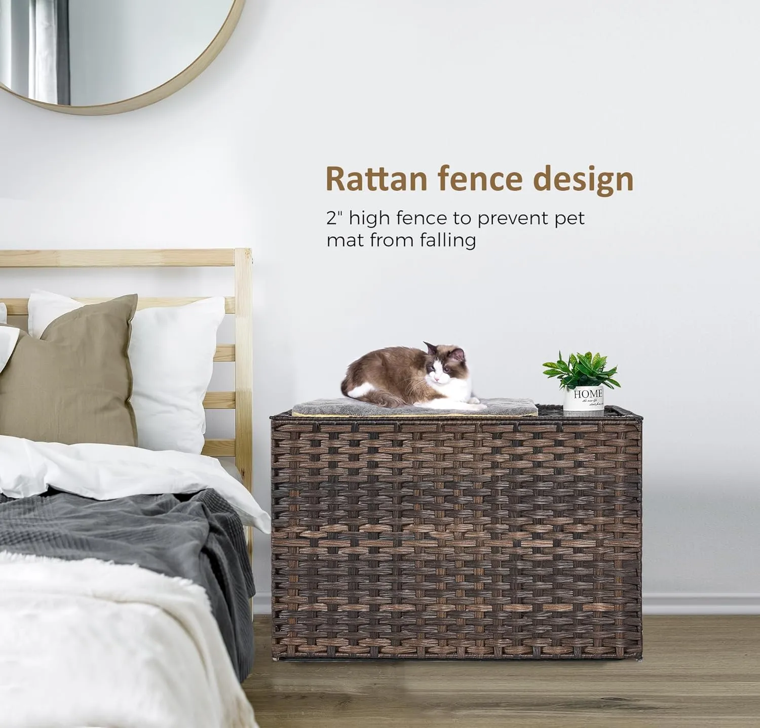 Cat Litter Box Enclosure with Litter Trapping Mat; Handwoven Plastic Rattan Cat House; No Installation Hidden Cat Washroom; Pet Crate for Balcony,Bedroom,Living Room