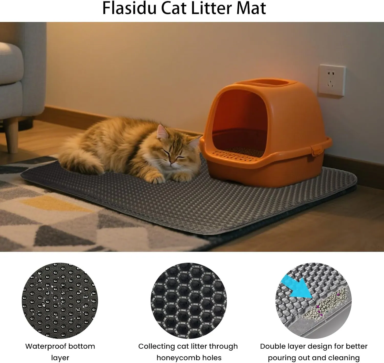 Cat Litter Box Mat Double Layer Trapping Mat Easy-Clean Waterproof Urine Proof(Gray 30x22in)