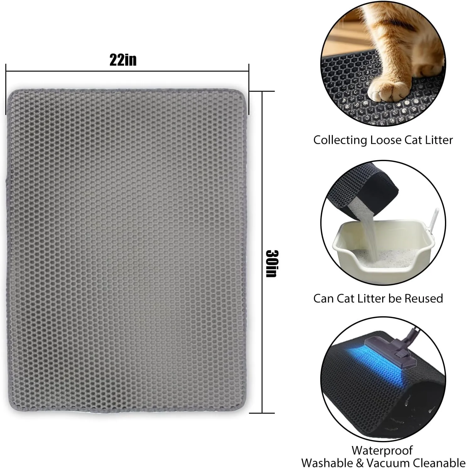 Cat Litter Box Mat Double Layer Trapping Mat Easy-Clean Waterproof Urine Proof(Gray 30x22in)