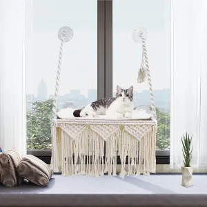 Cat Window Perch Macrame Cat Hammock Boho Wall Mounted Pet Resting Seat Bed for Sunbathing, Napping & Overlooking with 4 Seat Suction Cups & Fleece Blanket & Knitted Ball Toy - Weighted up to 35lbs.