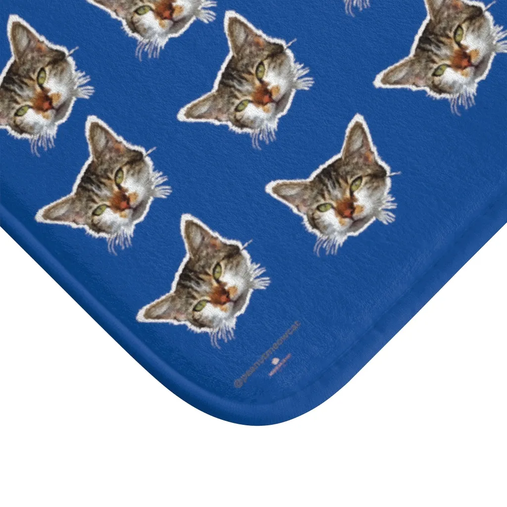 Dark Blue Cat Print Bath Mat, Premium Soft Microfiber Fine Bathroom Rug- Printed in USA