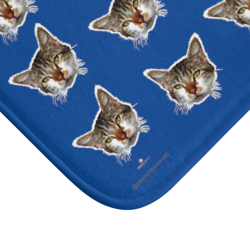 Dark Blue Cat Print Bath Mat, Premium Soft Microfiber Fine Bathroom Rug- Printed in USA