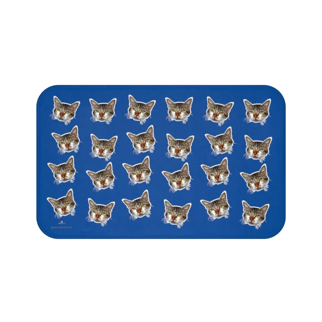 Dark Blue Cat Print Bath Mat, Premium Soft Microfiber Fine Bathroom Rug- Printed in USA