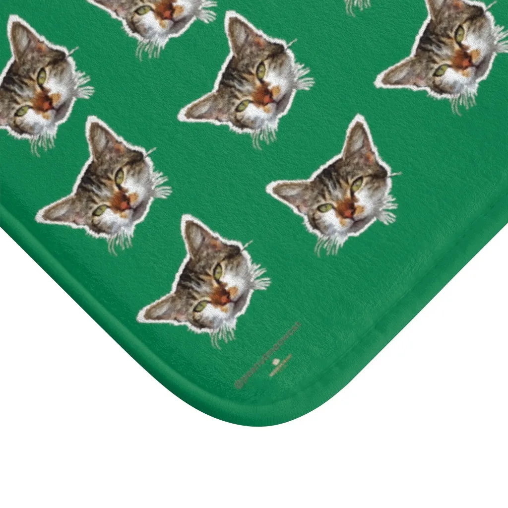 Dark Green Cat Bath Mat, Peanut Meow Calico Cat Premium Soft Microfiber Bath Mat- Printed in USA