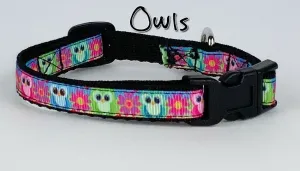 Owls cat or small dog collar 1/2" wide adjustable buckle handmade bell or leash Petcollarshandmade