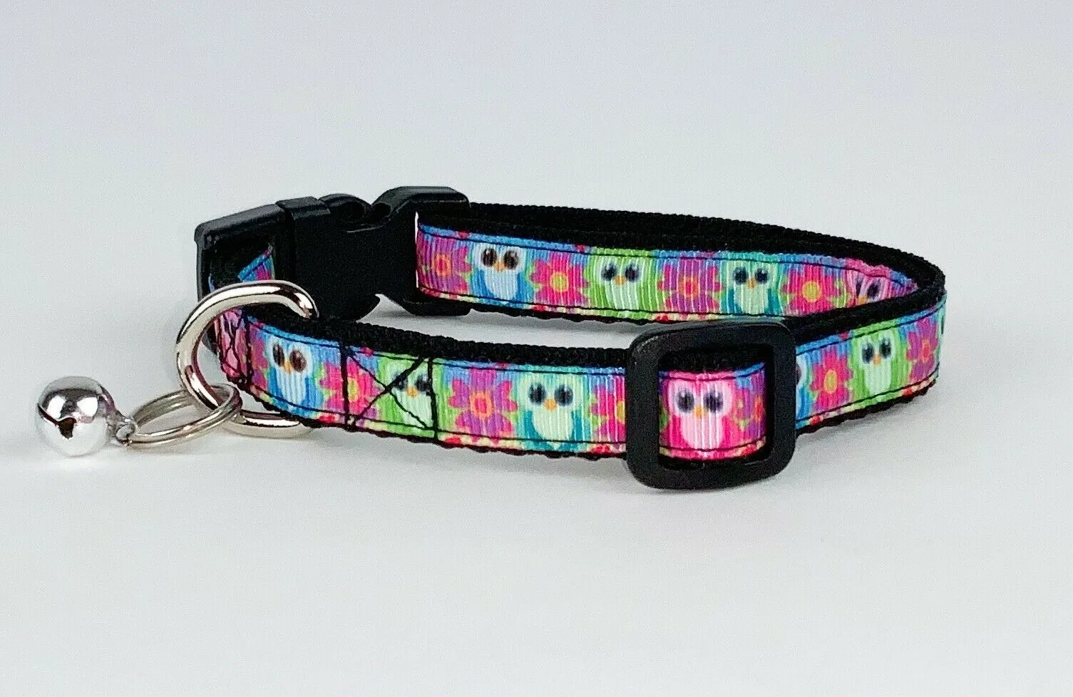 Owls cat or small dog collar 1/2" wide adjustable buckle handmade bell or leash Petcollarshandmade