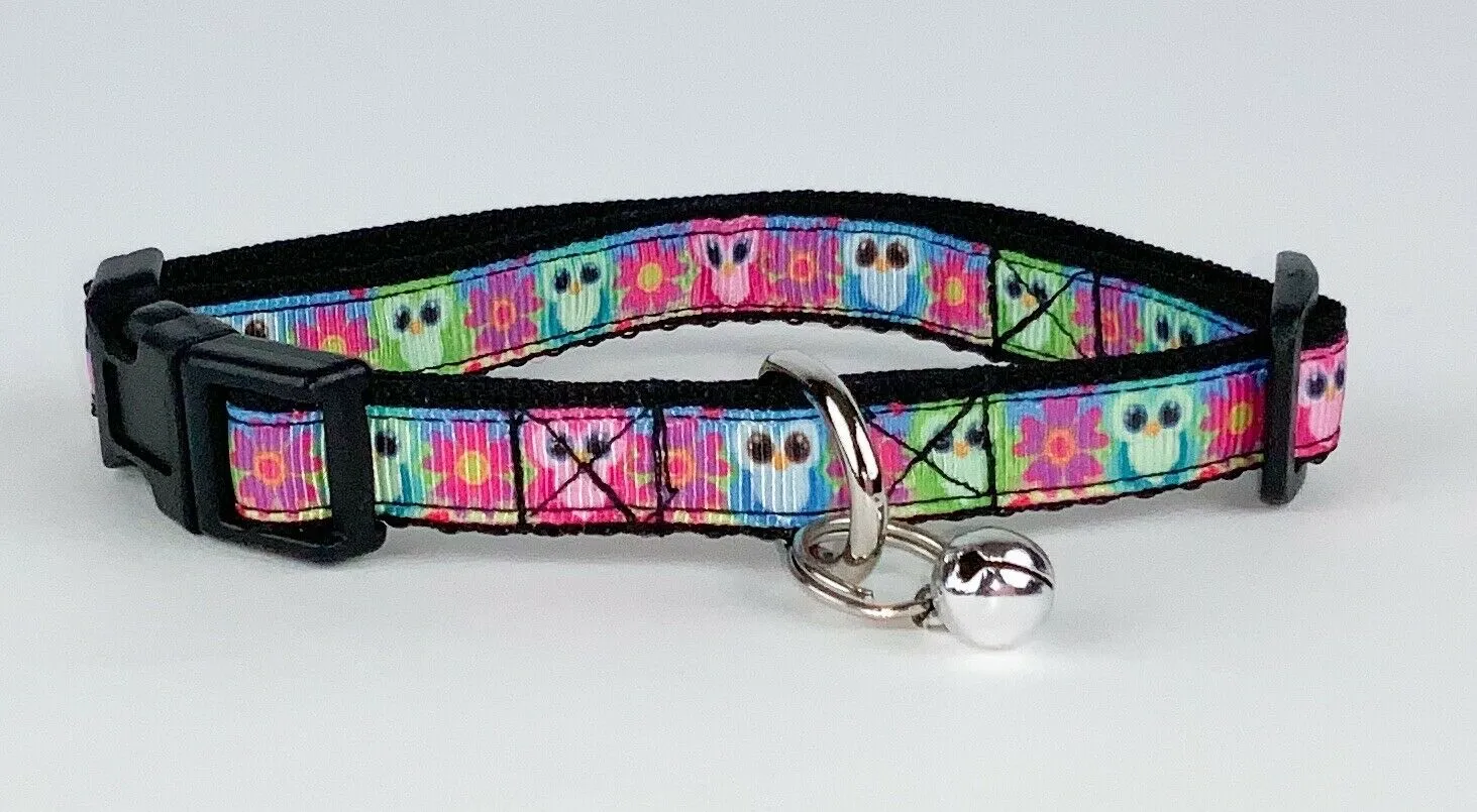 Owls cat or small dog collar 1/2" wide adjustable buckle handmade bell or leash Petcollarshandmade