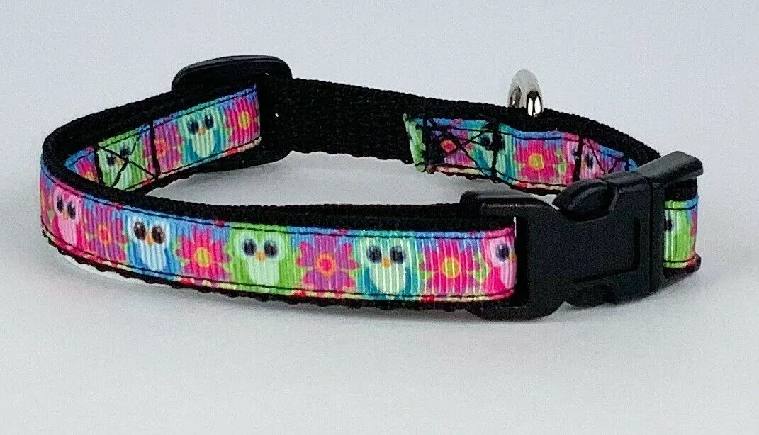 Owls cat or small dog collar 1/2" wide adjustable buckle handmade bell or leash Petcollarshandmade