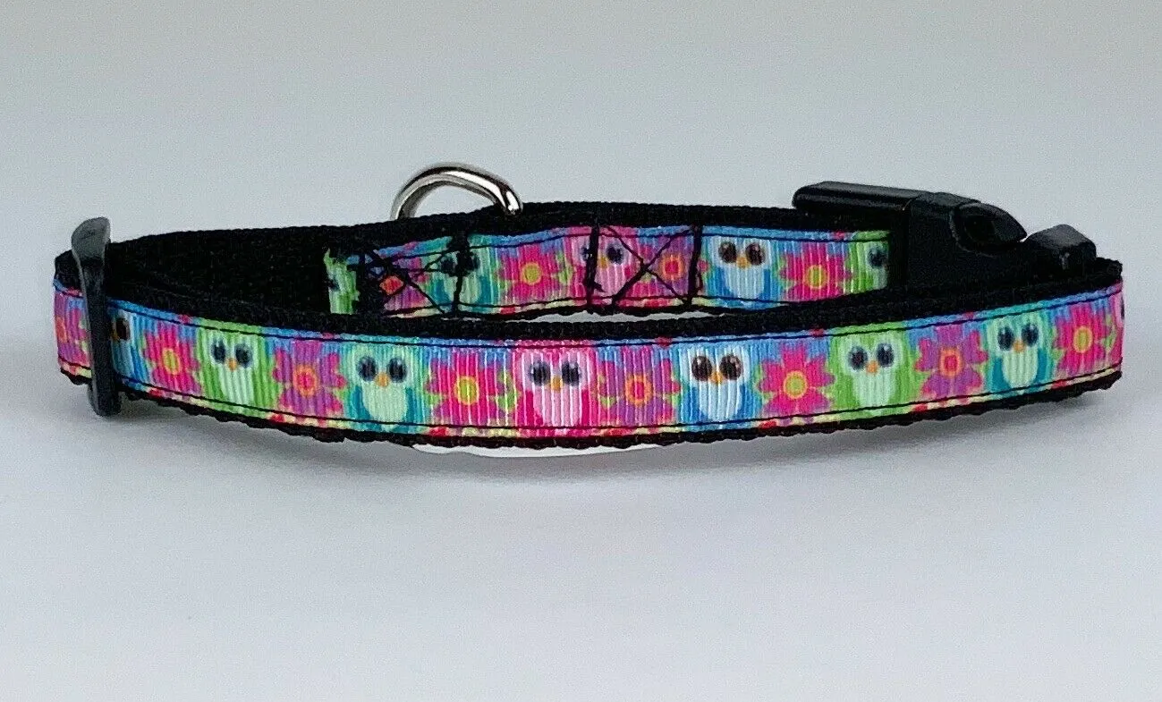 Owls cat or small dog collar 1/2" wide adjustable buckle handmade bell or leash Petcollarshandmade