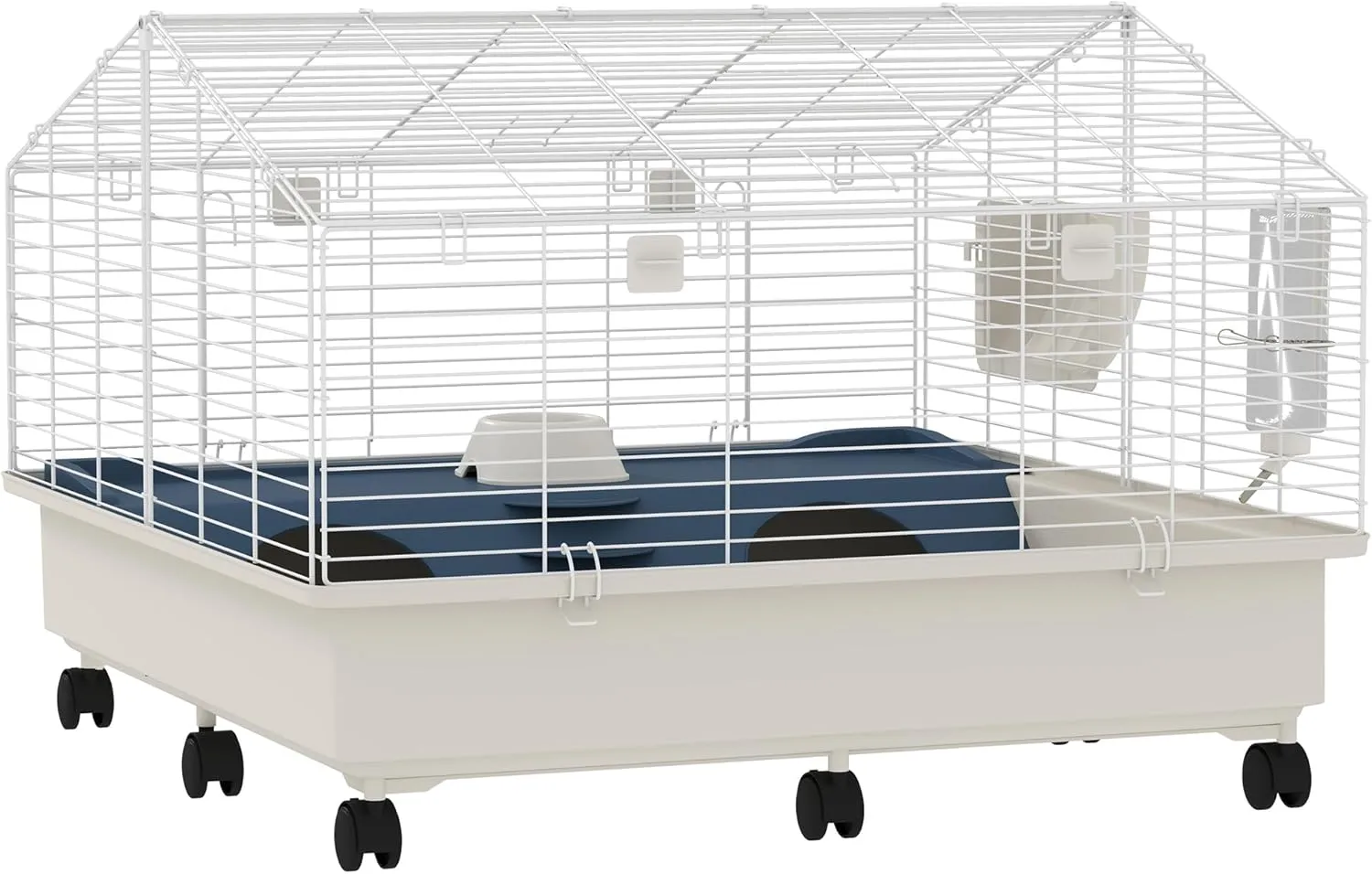 PawHut Small Animal Cage, Rolling Guinea Pig Cage with Water Bottle, Hay Feeder, Food Dish, Ramp, Rabbit Cage for Bunny, Guinea Pigs, Hedgehogs, 35" x 35" x 25", White