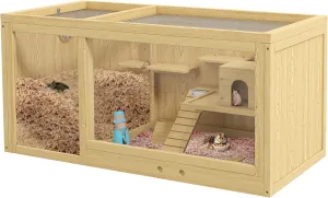 PawHut Wooden Hamster Cage, Extra Large Gerbil Cage, Multi-Layer Small Animal Cage for Dwarf Hamster, Activity Center with Pull-Out Tray, Seesaws, Water Bottle, Ladder, Openable Top