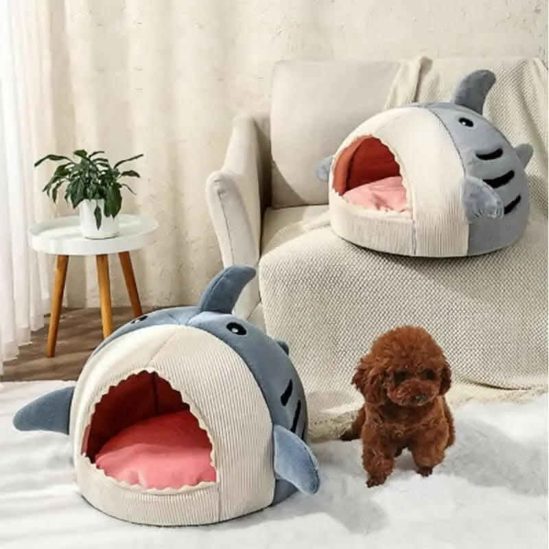 PetGains PGZ Soft Plush Cushion Shark Shape Cave Bed (Blue – Large)