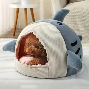 PetGains PGZ Soft Plush Cushion Shark Shape Cave Bed (Blue – Large)