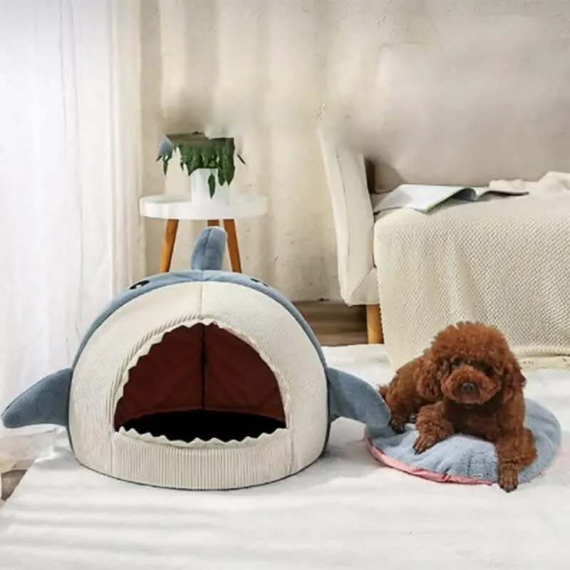 PetGains PGZ Soft Plush Cushion Shark Shape Cave Bed (Blue – Large)