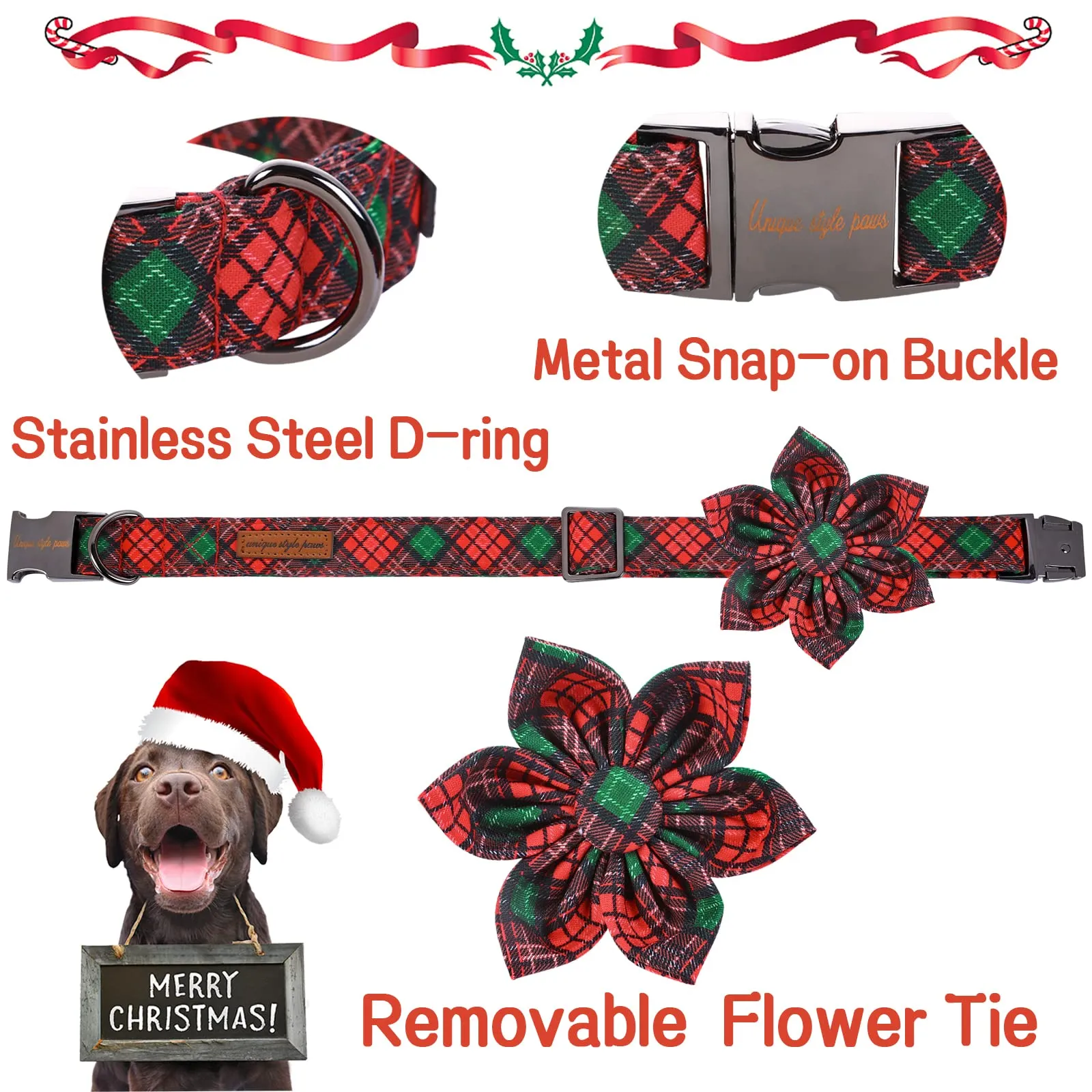 Red Green Plaid Adjustable Cotton Puppy Collar With Flower