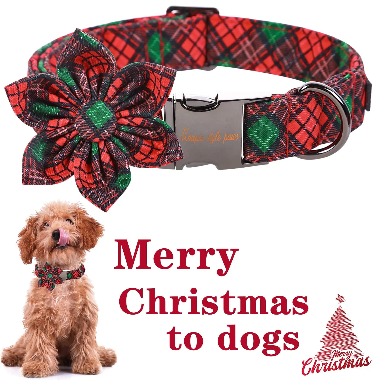 Red Green Plaid Adjustable Cotton Puppy Collar With Flower