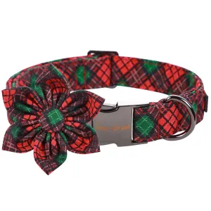 Red Green Plaid Adjustable Cotton Puppy Collar With Flower