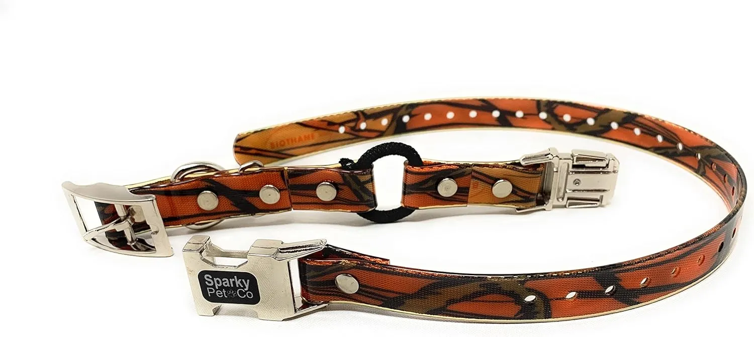 Sparky Pet Co -Zeus ECollar Replacement Strap - Bungee Loop Dog Collar - Waterproof Biothane Adjustable - Double Buckle - Quick Snap Metal Clasp - for Invisible Fence Systems - 1"x 30" Orange Camo