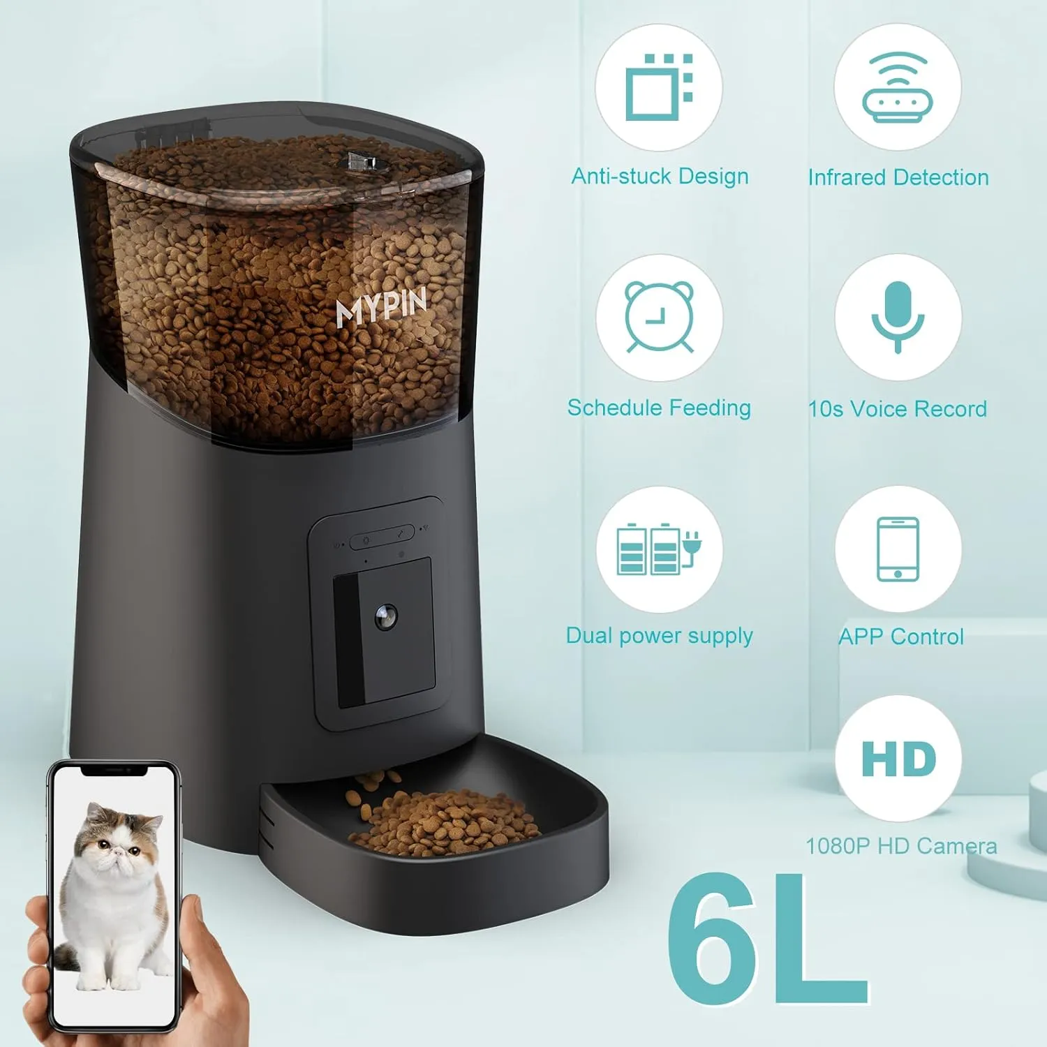Video Automatic Pet Feeder with HD Camera, Food Dispenser for Cats and Dogs WiFi Smart Feeder with Camera 6L 2-Way Audio,Mobile Phone Control, Timed Feeder,Desiccant Bag Up to 8 Meals per Day